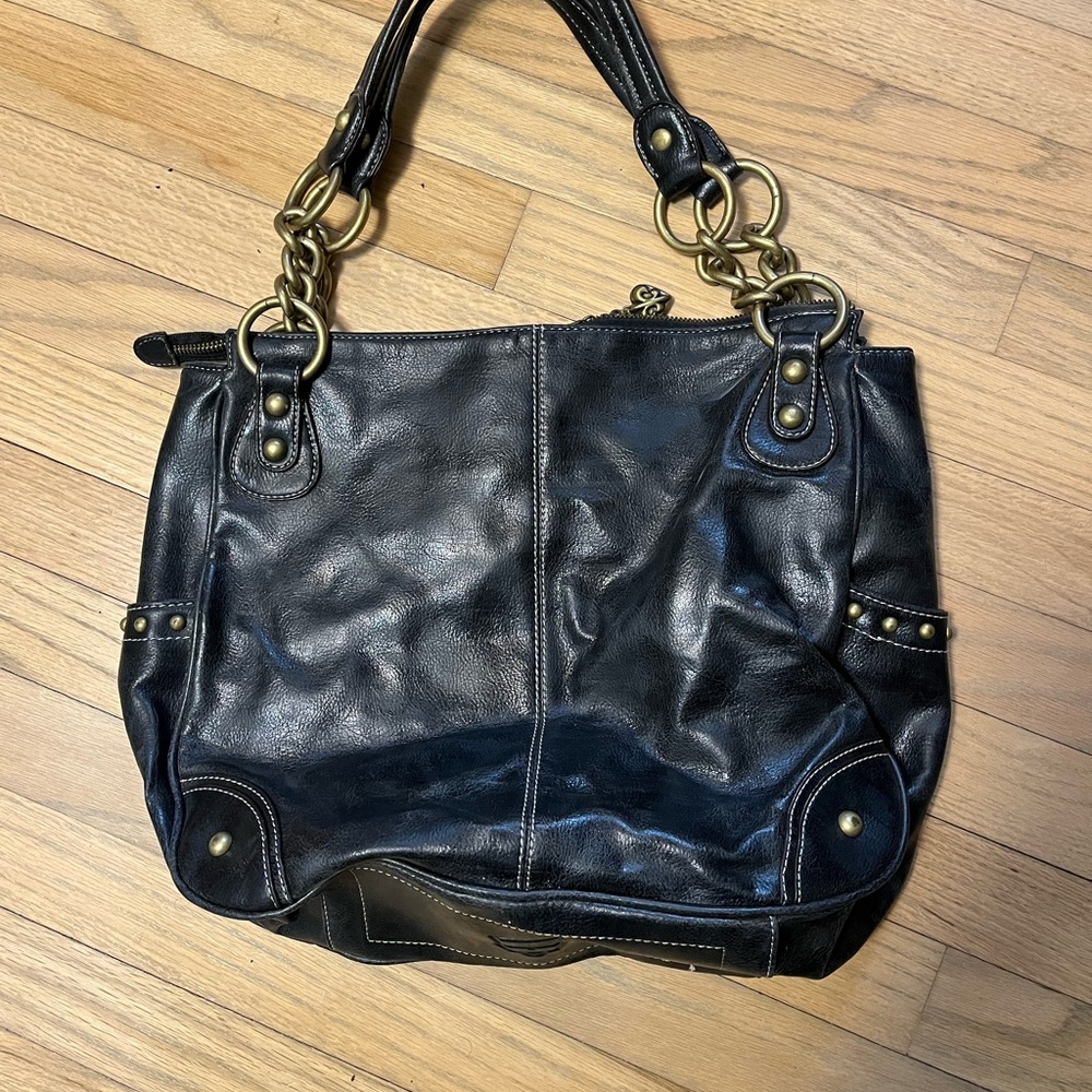 Kathy Van Zeeland Y2K Black Shoulder Bag with Brass Accents - Picture 2 of 4